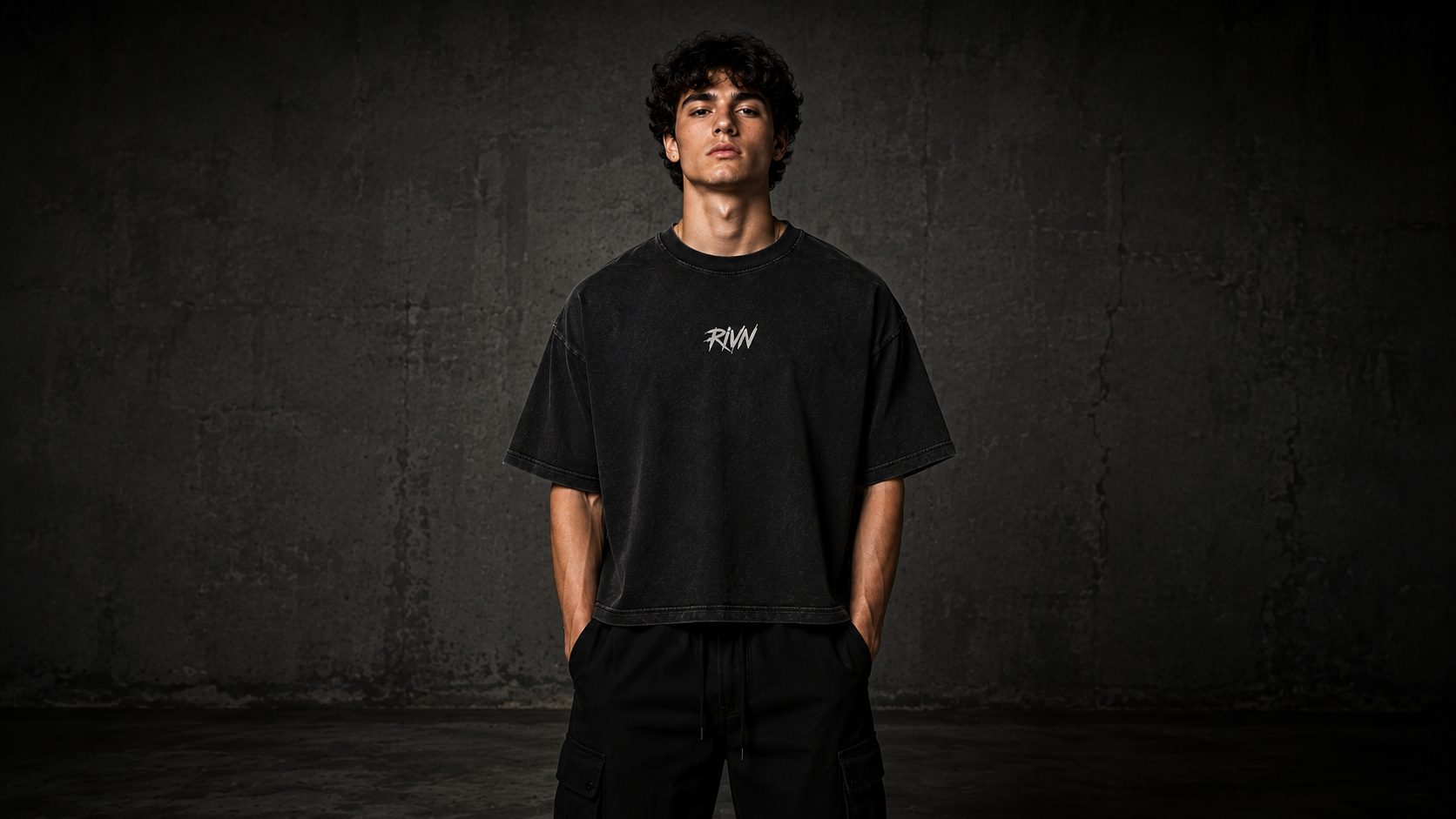 First Cut heavyweight tee detail 1, washed matte black — RIVN FC-001