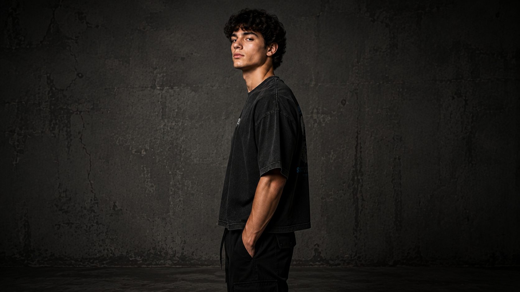 First Cut heavyweight tee detail 3, washed matte black — RIVN FC-001