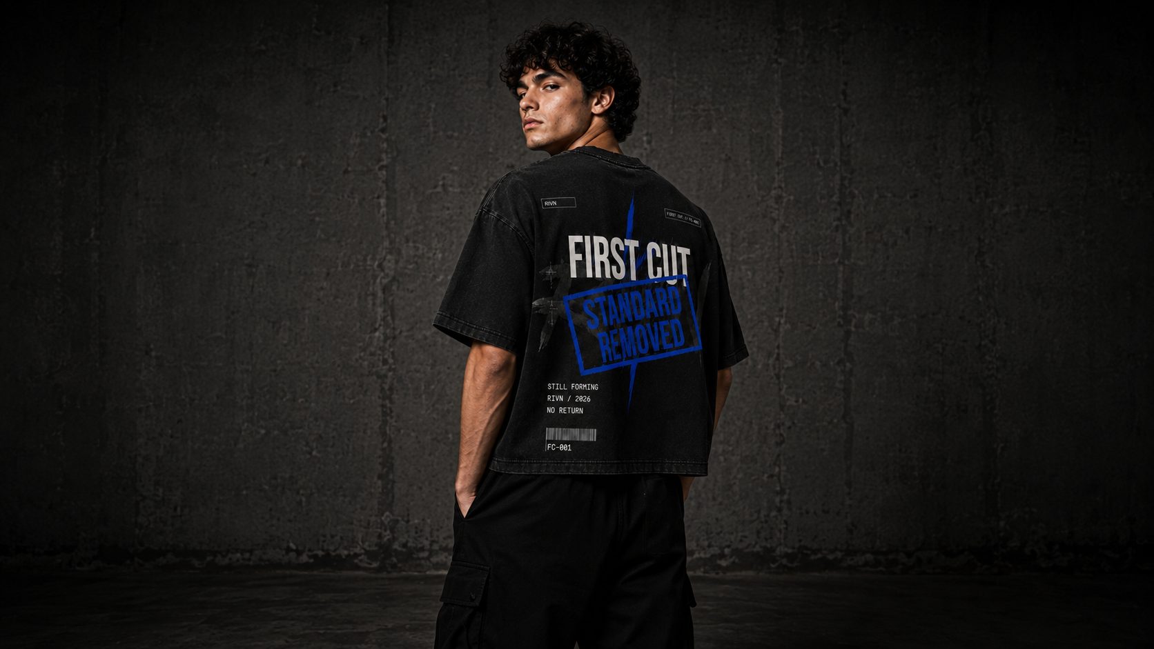First Cut heavyweight tee detail 4, washed matte black — RIVN FC-001