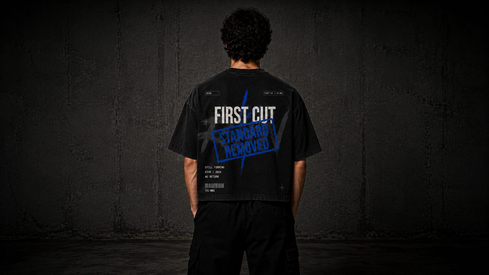 First Cut heavyweight tee detail 5, washed matte black — RIVN FC-001