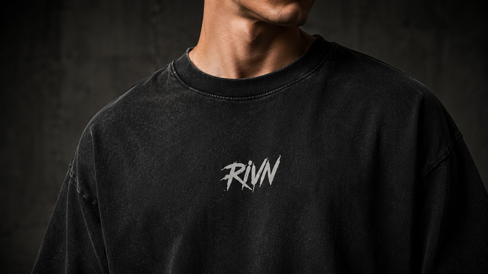First Cut heavyweight tee detail 6, washed matte black — RIVN FC-001