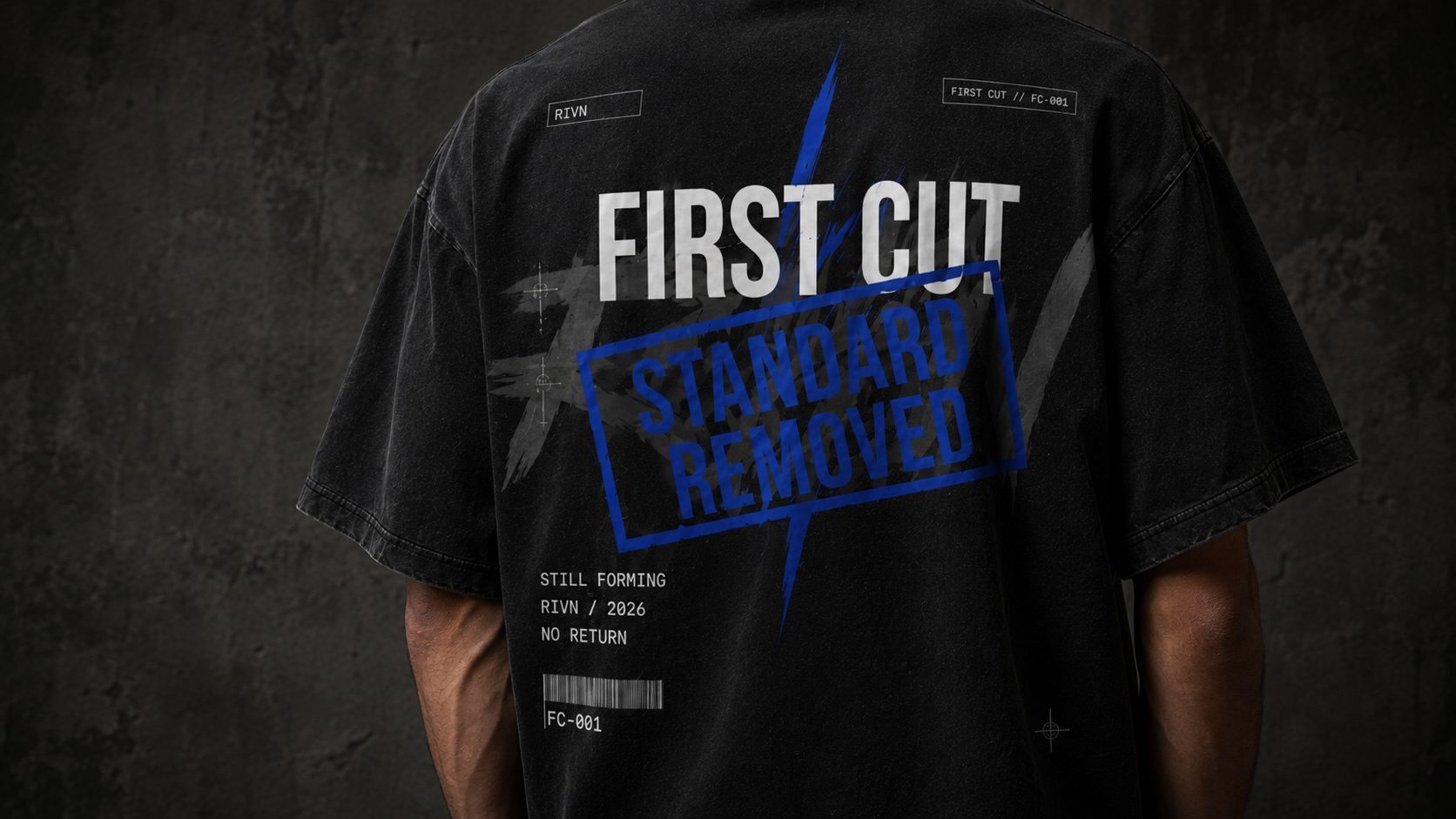 First Cut heavyweight tee detail 7, washed matte black — RIVN FC-001
