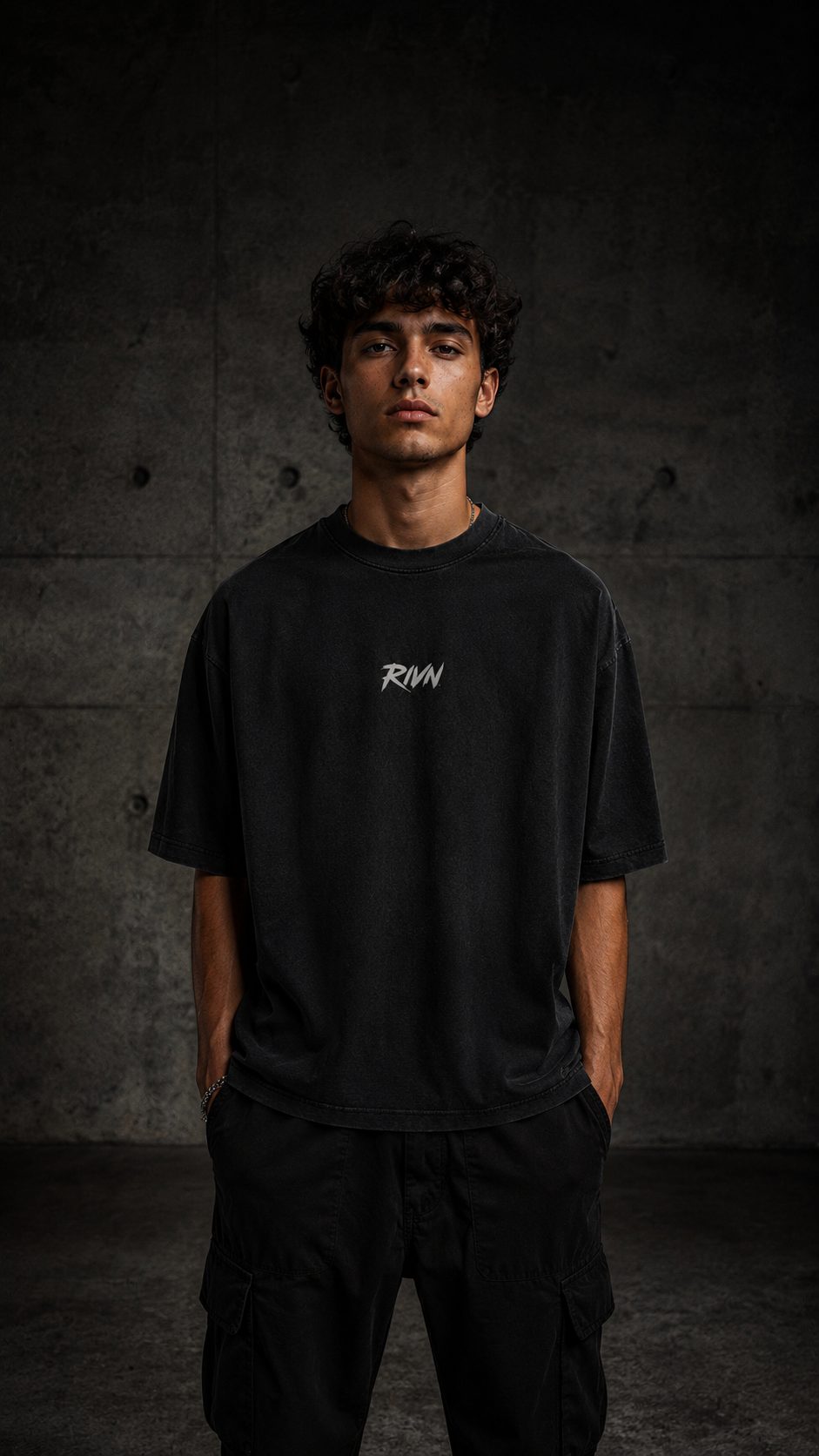 First Cut heavyweight tee detail 1, washed matte black — RIVN FC-001