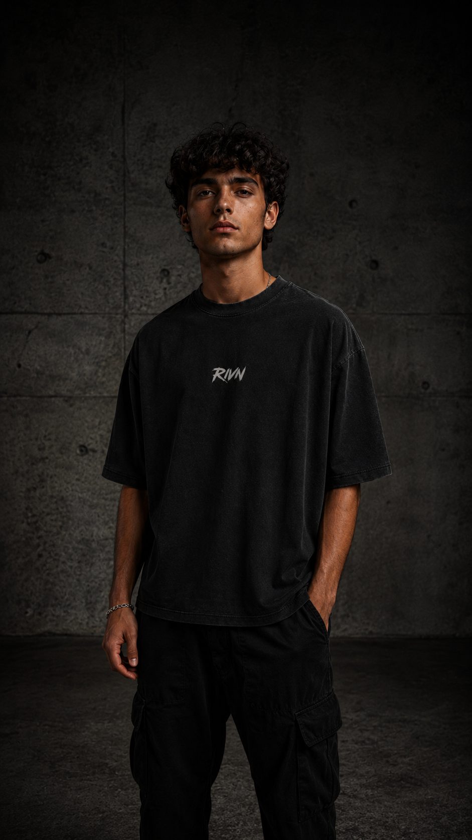 First Cut heavyweight tee detail 2, washed matte black — RIVN FC-001