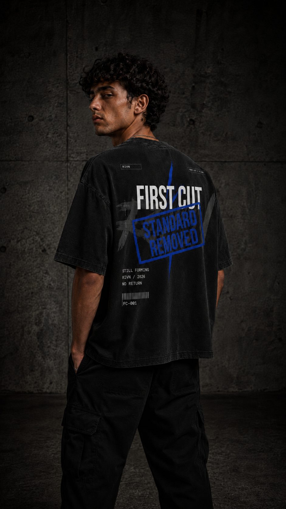 First Cut heavyweight tee detail 5, washed matte black — RIVN FC-001