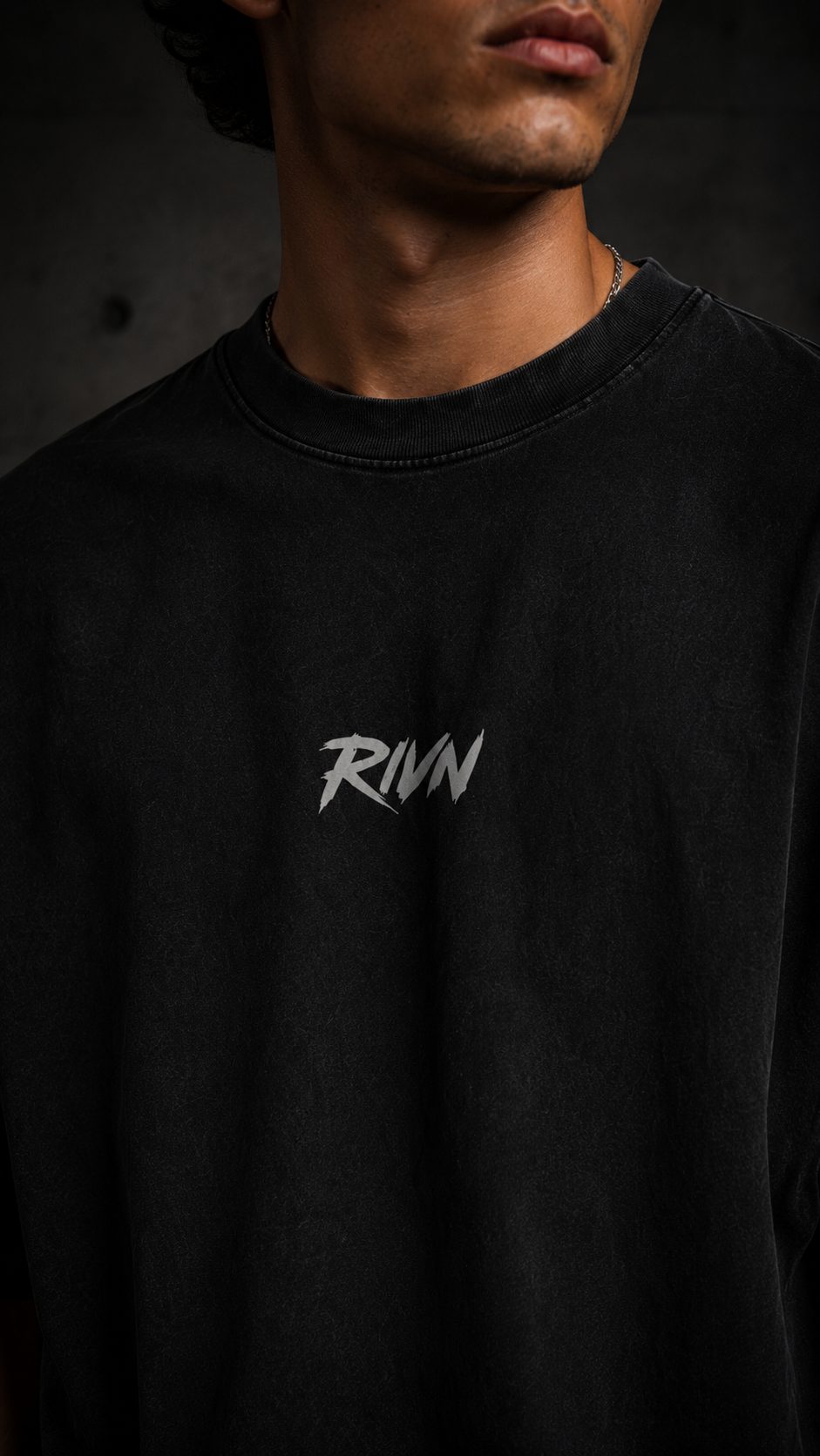 First Cut heavyweight tee detail 6, washed matte black — RIVN FC-001