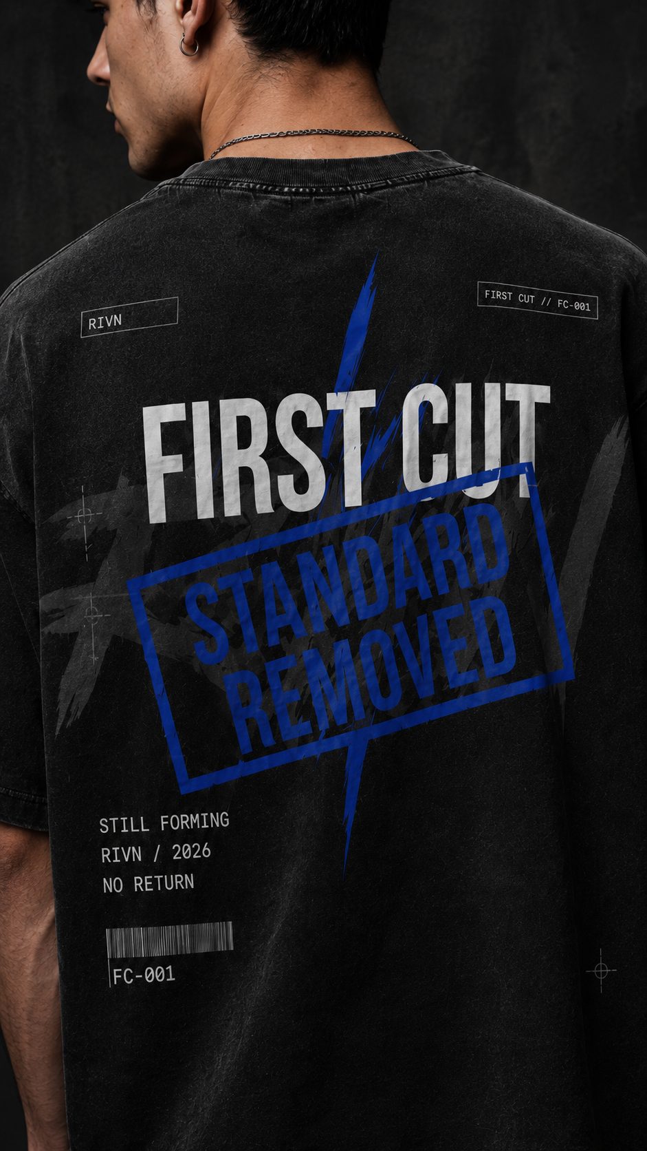 First Cut heavyweight tee detail 7, washed matte black — RIVN FC-001